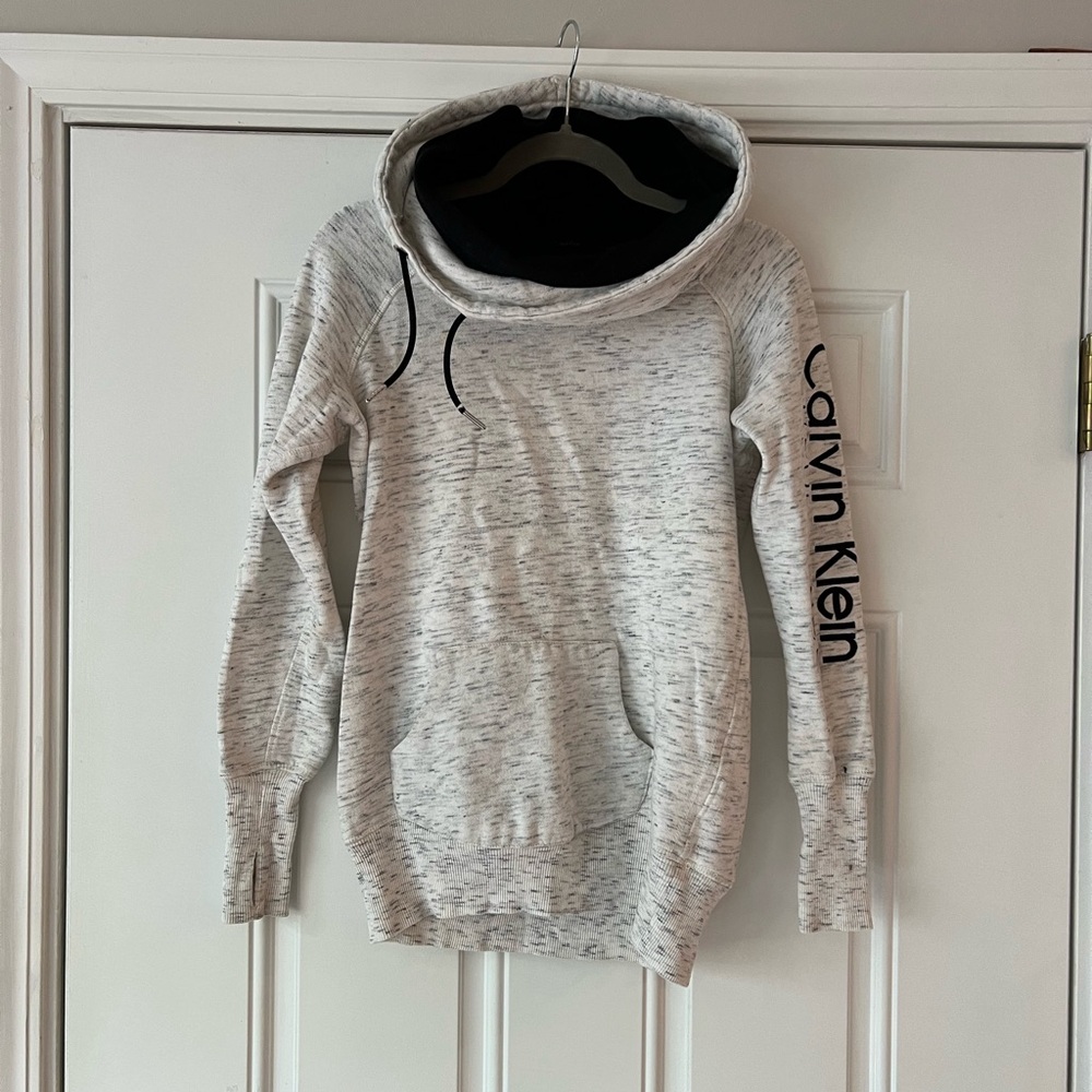 Calvin Klein Heather Gray Hoodie with Black Lined Funnel Neck
